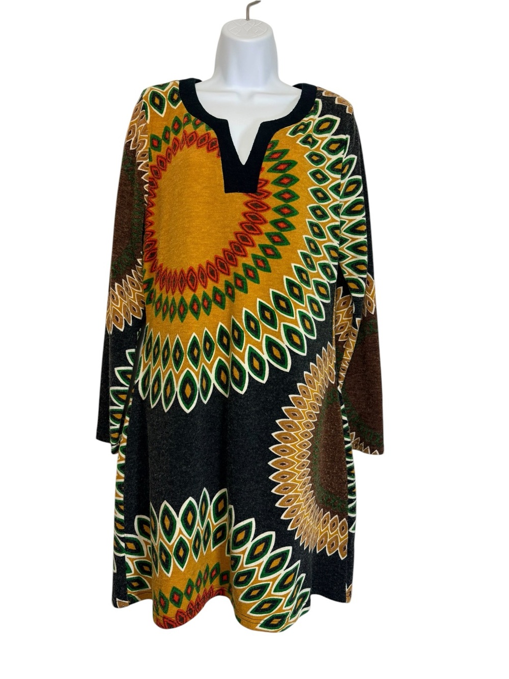 Aryeh Boho Medallion Print Artsy Sweater Knit Tunic Dress Lagenlook Fall SzXL